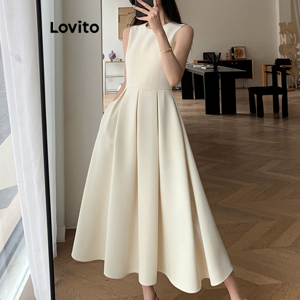 Lovito ชุดเดรสผู้หญิง มีซิปรูด สีพื้น สไตล์ลำลอง LNL36118 (สีออฟไวต์)