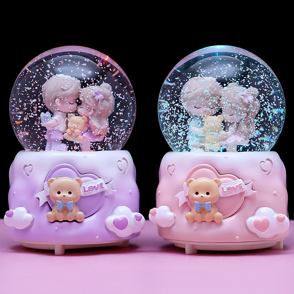 กล่องดนตรีคริสตัลบอลคู่รักโรแมนติก ของขวัญพิเศษวันวาเลนไทน์สีชมพู เครื่องประดับขนาดเล็กสำหรับแฟน