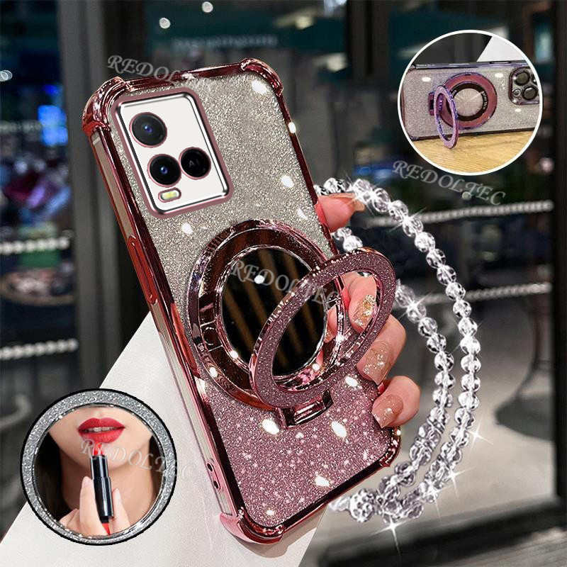 เคส VIVO Y21 Y21S Y21A Y21T Y33S Y33T ใหม่Gradient Glitterปลอกพร้อมกระจกแต่งหน้าที่วางขาตั้งแม่เหล็กเลนส์ป้องกันพร้อมวงเล็บเชือกเส้นเล็กฝาครอบโทรศัพท์กันกระแทก