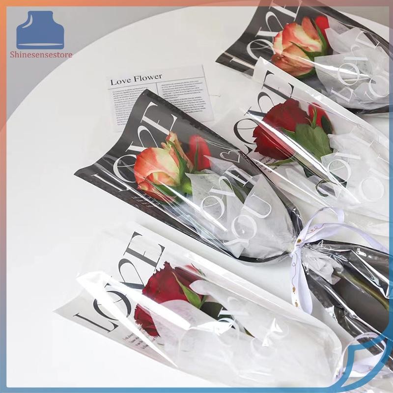 SHINE 20 ชิ้น LOVE โปร่งใส Rose ถุงบรรจุภัณฑ์ช่อดอกไม้ถุงพลาสติกช่อดอกไม้กระดาษห่อเดี่ยวหนึ่งตรงกระเป๋าดอกไม้บรรจุภัณฑ์ TH