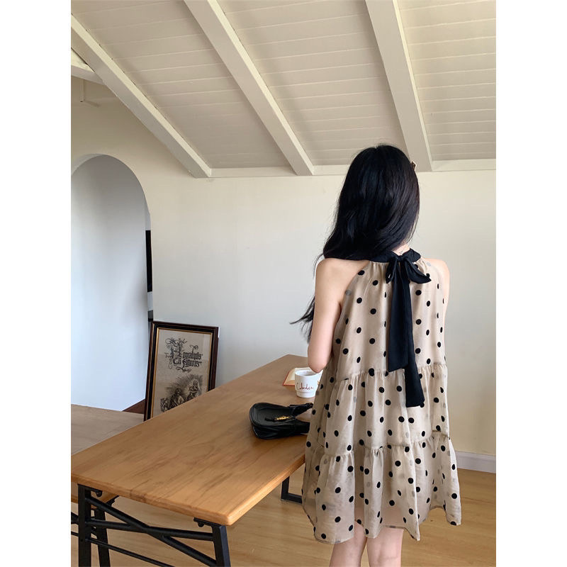 👗ชุดเดรส,👗หวานน่ารักแขนกุดลูกไม้แขวนจุดคลื่นแต่งตัวฝรั่งเศสฤดูร้อนใหม่กระโปรงสั้นหลวม