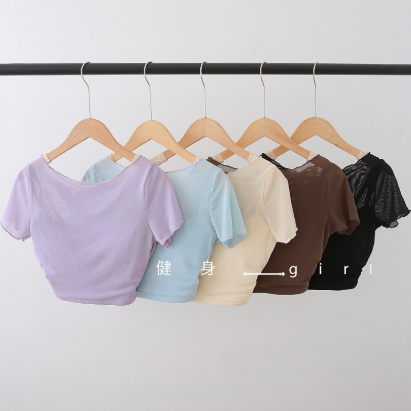 MAGGIEYOGA เสื้อกีฬาระบายอากาศแห้งเร็วแขนสั้น Crop Top พิลาทิสฟิตเนส