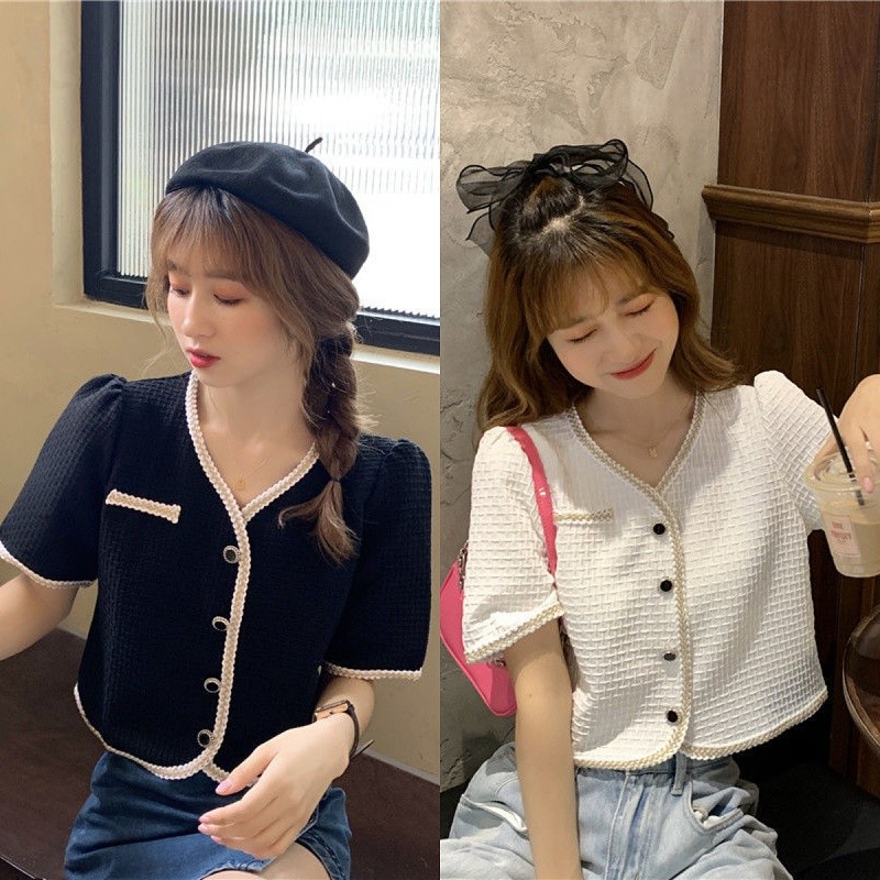 เสื้อคลุมแขนสั้น คอวี รุ่นติดกระดุม สไตล์เกาหลี ทรงสวยน่ารักเรียบร้อย ดีเทลขอบแต่งถักทอง เก๋ๆ ผ้าชีฟอง นุ่มนิ่ม