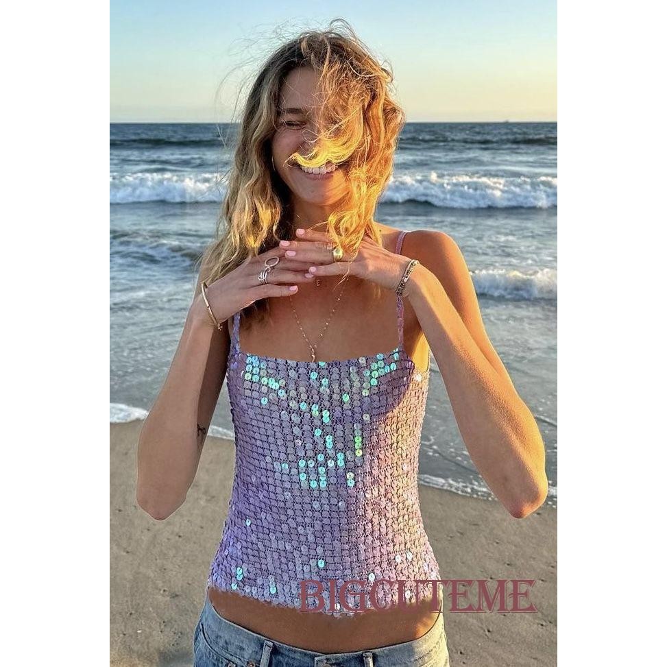 Sewin Crop Top สำหรับผู้หญิง ลายถักSmoke สปาร์คลี้ ไม่มีหลัง เหมาะสำหรับฤดูร้อนและชายหาด