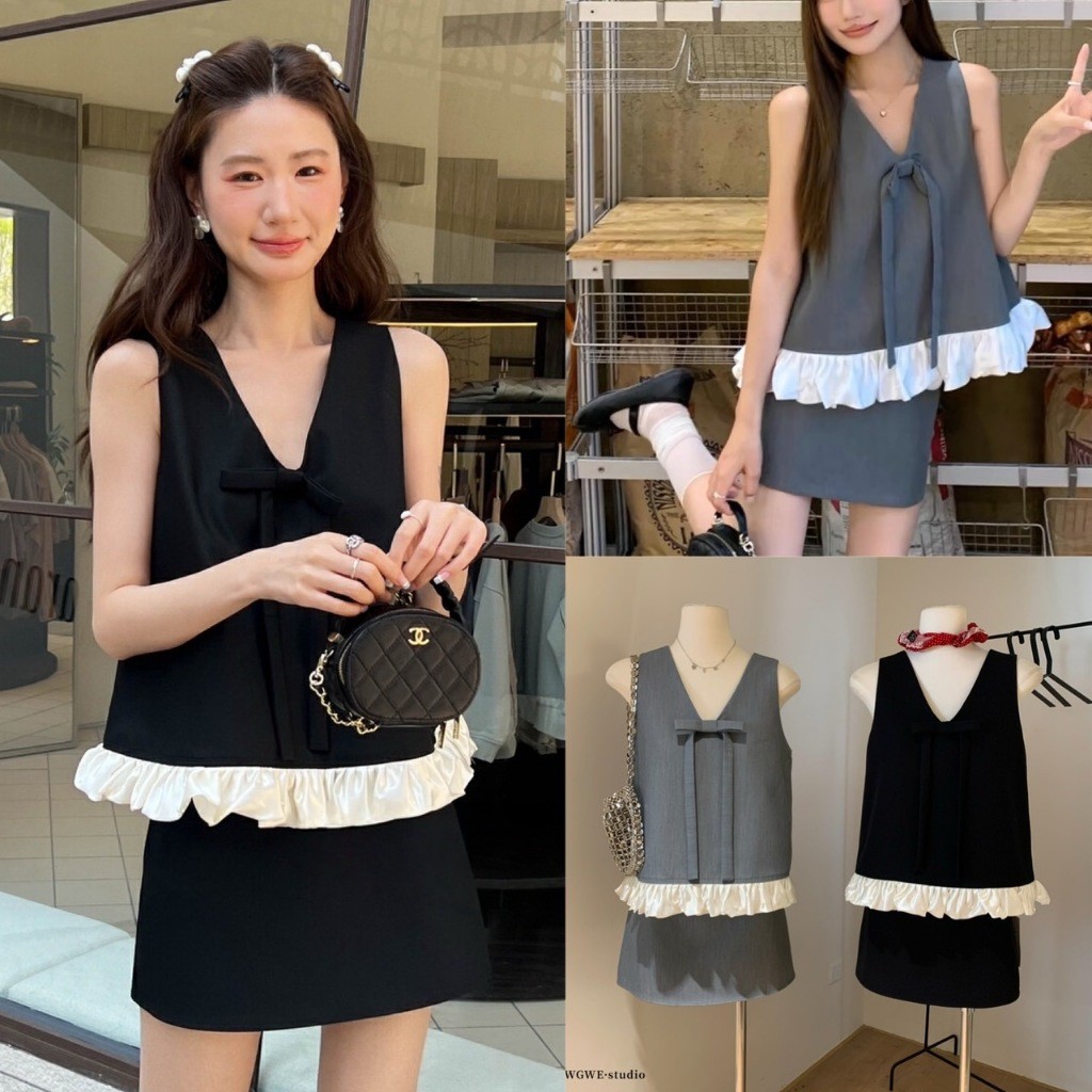 💖🎀 W6055 เซ็ท 2 ชิ้น เสื้อแขนกุดแต่งโบว์และชายเสื้อแต่งผ้า+กระโปรงสั้น มีซับใน แฟชั่นเกาหลี TAG WG.WE 💖🎀