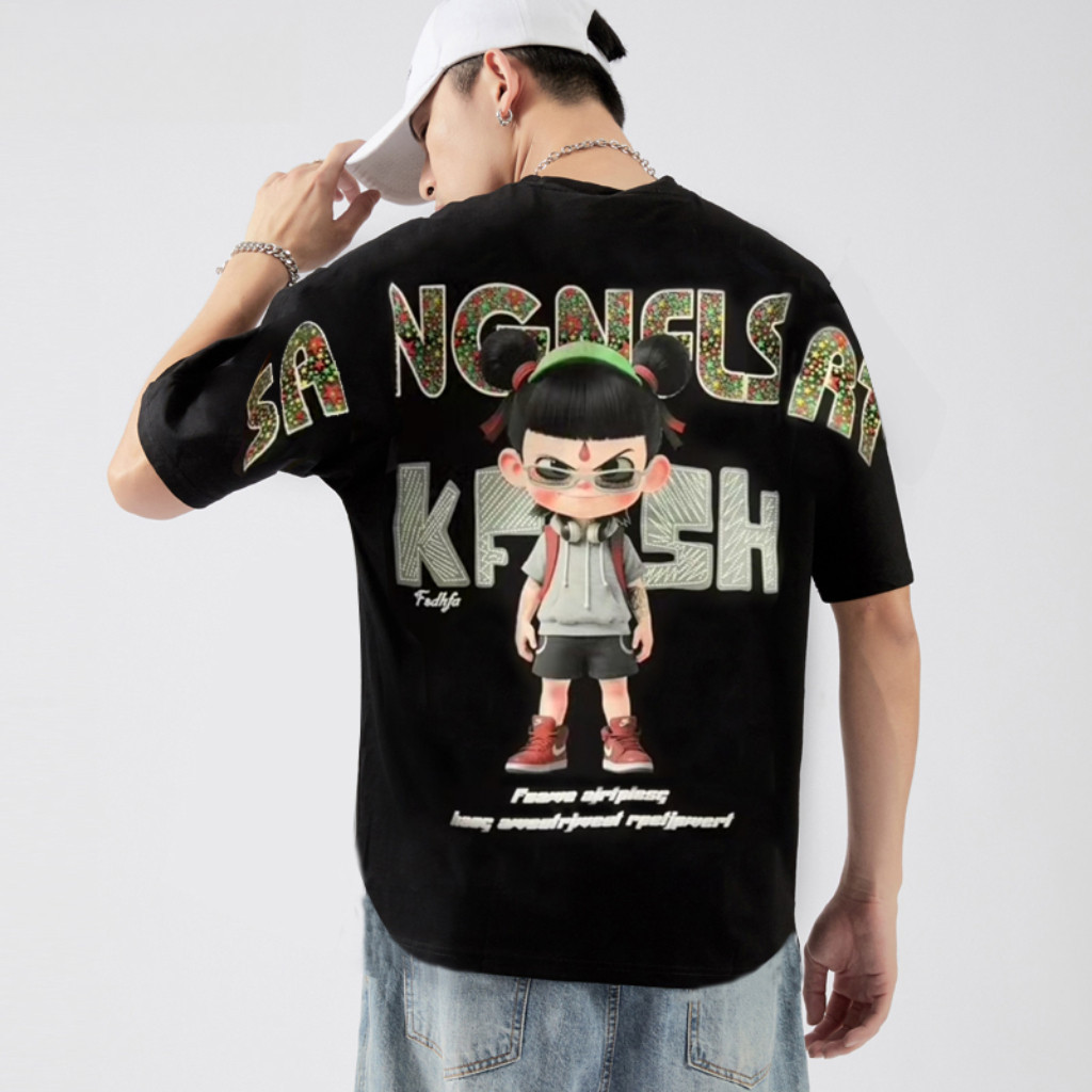 Nezha เสื้อยืด Unisex Nezha เสื้อยืด 衣服 การ์ตูน Nezha พิมพ์แขนสั้นผ้าฝ้ายหลวมรอบคอ 222