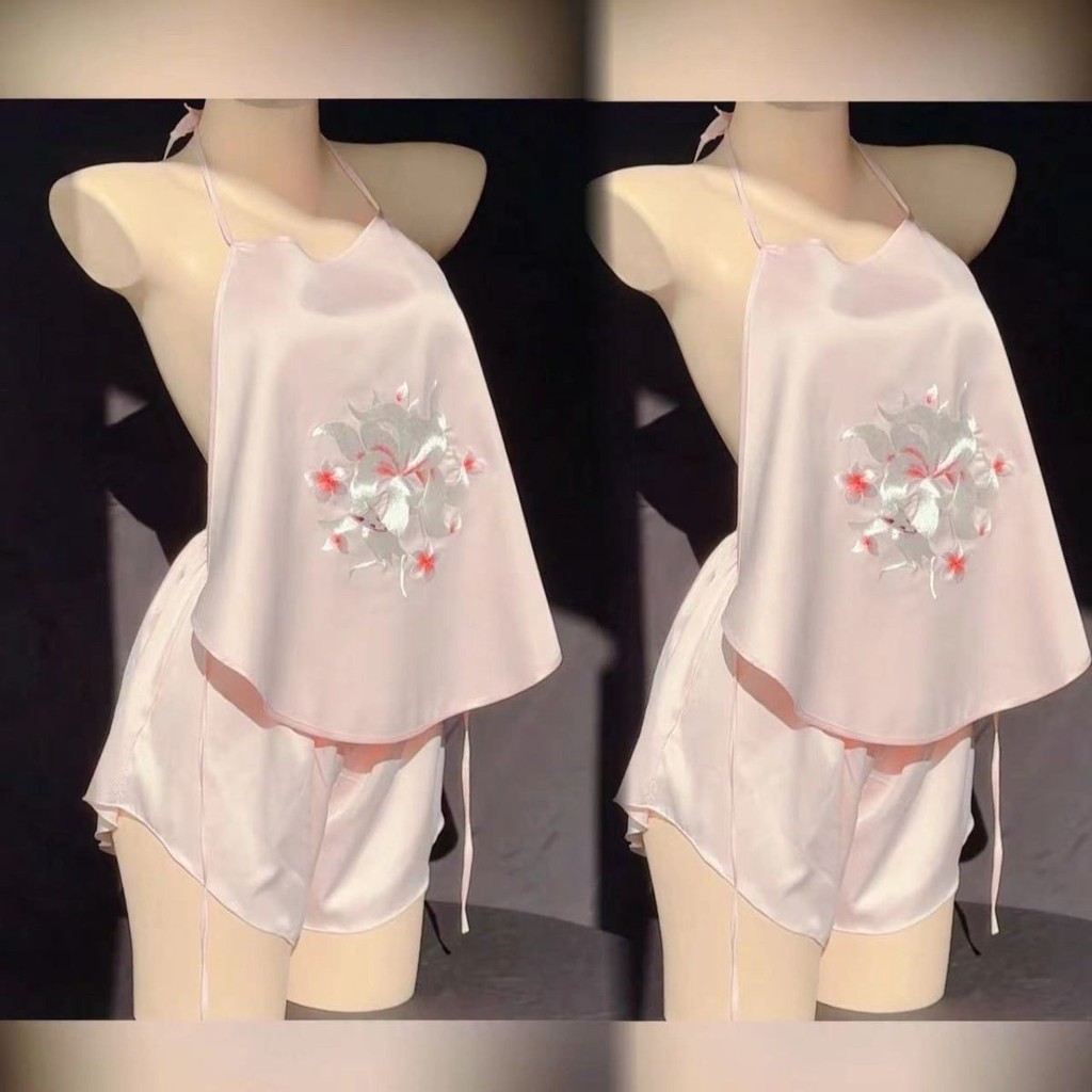 冰丝花肚 力衣套装 古风感夏季ฤดูใบไม้ร่วง款女士性感风内衣套装 睡衣套装 ผ้าไหมน้ําแข็งปัก สายรัดหน้าท้อง ชุดนอนชุดสไตล์โบราณและฤดูร้อน บรรยากาศ