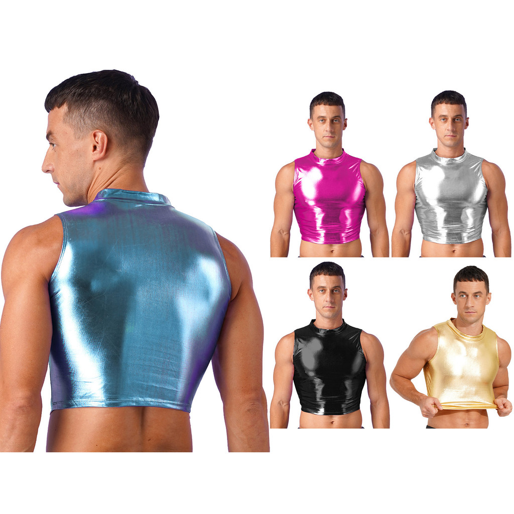Yeahdor Mens Fashion Wet Look Faux Leather Vest Metallic Sleeve Mock Neck Crop Tank Top