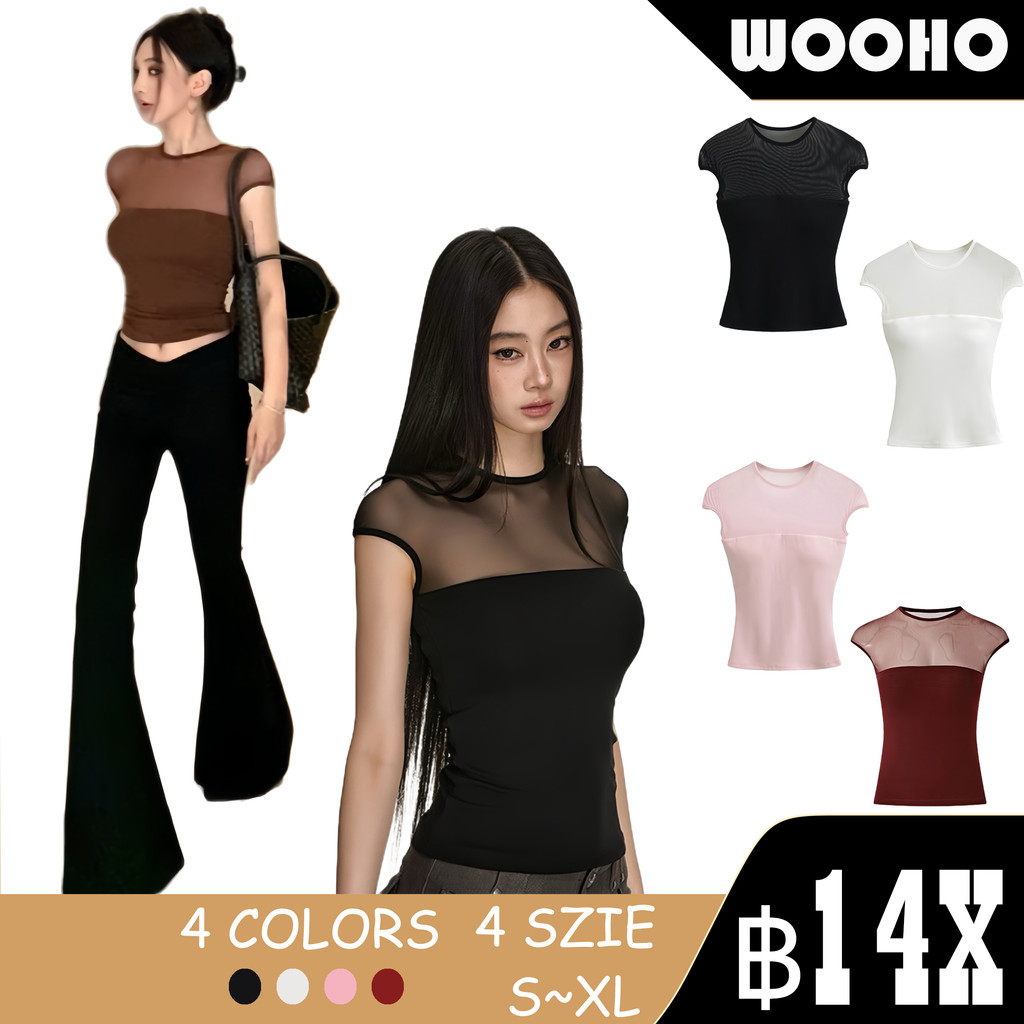 WOOHO.เสื้อยืดกีฬาและโยคะพื้นฐานคอกลมแบบเรียบง่ายสำหรับผู้หญิง  เสื้อยืดใส่ออกไปข้างนอกผ้าโปร่งสบายไหล่เปิด