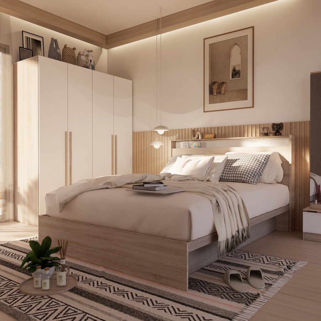 Looms ชุดห้องนอน KYOTO 6' + SACHA + REMUS-E สีโซลิดโอ๊คตัดสีขาว แบรนด์ LOOMS