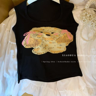 #476 เสื้อกั๊กแขนสั้น ดีไซน์การ์ตูนน่ารักลายลูกสุนัข พร้อมแผ่นฟองน้ำหน้าอก ยืดหยุ่น สไตล์เกาหลี สุดน่ารัก ราคาถูก