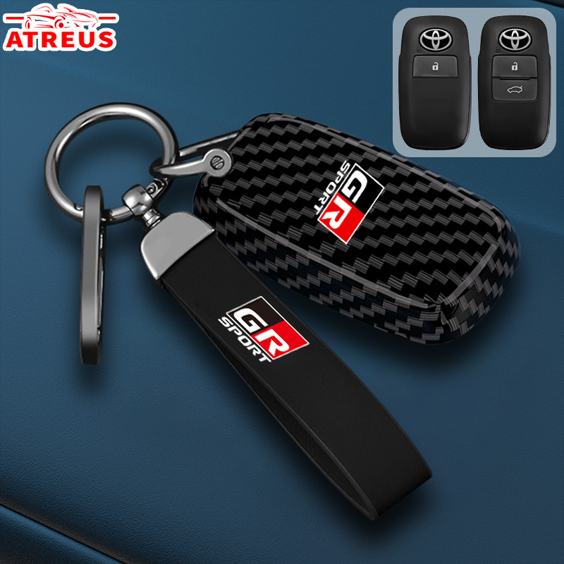 Toyota GR คาร์บอนไฟเบอร์ เคสกุญแจ เคสกุญแจรีโมทรถยนต์ พวงกุญแจรถ เคสกุญแจรถยนต์ ตัวป้องกันกุญแจ ซองใส่กุญแจรถ สําหรับ Toyota Vios 2023 Avanza Veloz Raize 2022-2024 Wigo Yaris Cross 2023-2024