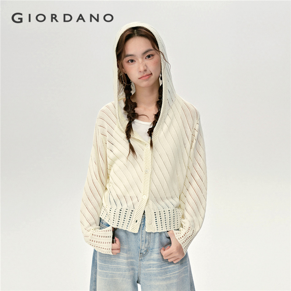 GIORDANO WOMEN Hollow knit button placket hoodie cardigan 18355809
