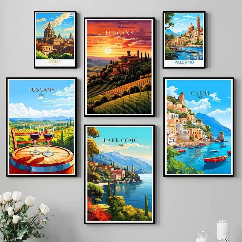 อิตาลีเมืองท่องเที่ยวโปสเตอร์ปารีสโรมมิลานทัสคานีเวนิส กองทุน ผ้าใบจิตรกรรมผนังศิลปะภาพสําหรับห้องนั่งเล่นตกแต่งบ้าน