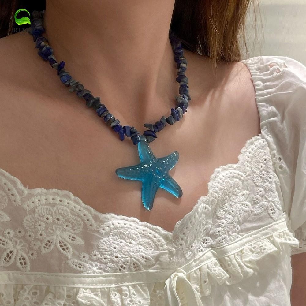 สร้อยคอนาฬikaปลาดาว สไตล์โบฮีเมียน พร้อมหิน Blue-vein และเรซิ่น สร้อยคอแบบคลาวิกเกิล เหมาะสำหรับสาวๆ