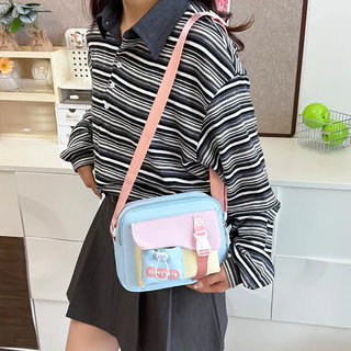 (มีส่งด่วน) ifashionbag(IF2447) กระเป๋าสะพายข้างใบเล็ก ผ้าแคนวาสสีทรูโทน ขนาด10นิ้ว
