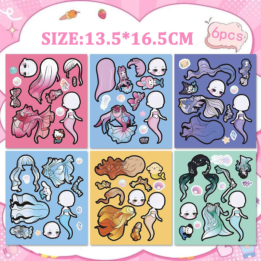 จับ 6 ชิ้น! Teenieping Mermaid Sticker เด็กผู้หญิง Dressing การ์ตูนคู่มือ Sanrio สติกเกอร์