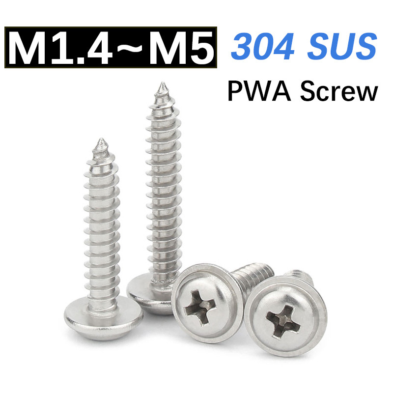 304 สแตนเลส Cross Phillips Pan สกรูหัวกลม PWA เครื่องซักผ้าคอสกรูแตะตัวเอง M1.4 M1.7 M2 M2.6 M3 M3.5