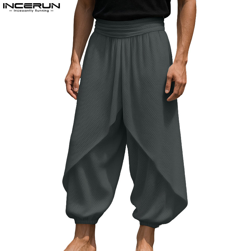 INCERUN กางเกงชาย สไตล์วินเทจ เอยางยืด ออกแบบลายใหม่ สวมใส่ง่าย