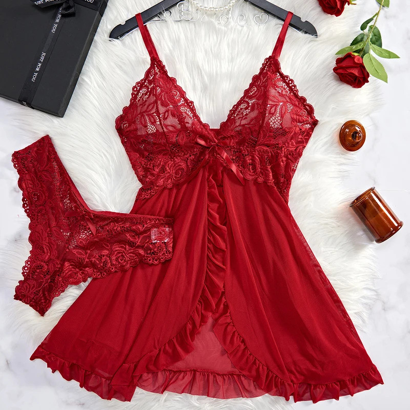 SX Transparent Red Sexy Lingerie Women's Underwear See Through Sleepwear Lace Nightdress And Panty P