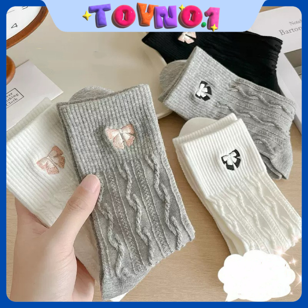 ToyNo.1 พร้อมส่ง  “CW-1″ถุงเท้าข้อกลาง ปักโบว์น่ารัก ดีเทลลายทาง มินิมอล ลำลองสำหรับผู้หญิง