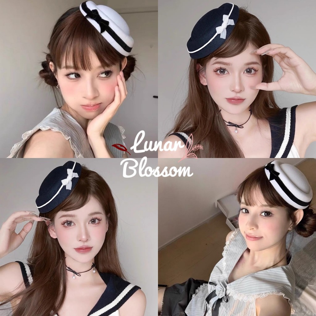 Lunar Blossom 🥰🥰 หมวกแฟชั่น การตกแต่งโบว์ หมวกทรงสูงขนาดเล็ก สไตล์อังกฤษ หวานและน่ารัก พร้อมส่ง