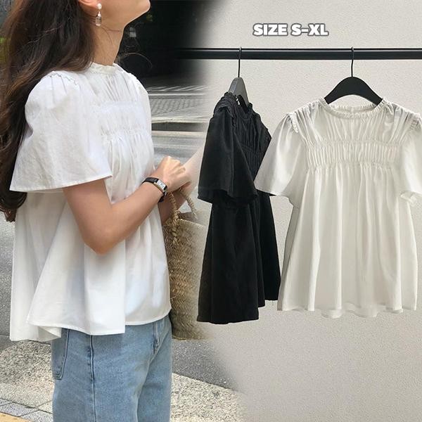 mimi&didi#เสื้อแขนตุ๊กตาทรงหลวมคอตั้งจีบลูกไม้ เสื้อเชิ้ตสไตล์เกาหลี ชิคๆ คอกลม แขนสั้น สีขาว น่ารักๆแฟชั่น ผู้หญิง#W628