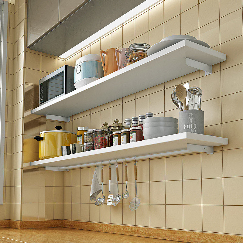 การเจาะ-ฟรีคณะกรรมการห้องครัวติดผนังชั้นวางชั้นวางติดผนังปรุงรสไม้เก็บแขวนหม้อกระทะพาร์ทิชันสีขาว ฉั