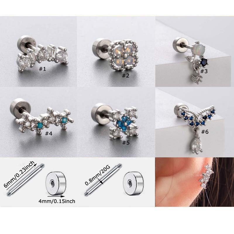 1 ชิ้น Blue Zirconia ต่างหูสตั๊ดดอกไม้ปีก Lobe เจาะสแตนเลส Zirconia