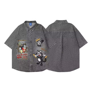 เสื้อแจ๊กเก็ตแขนสั้นล้างยีนส์สไตล์อเมริกาย้อนยุค พิมพ์ลายการ…