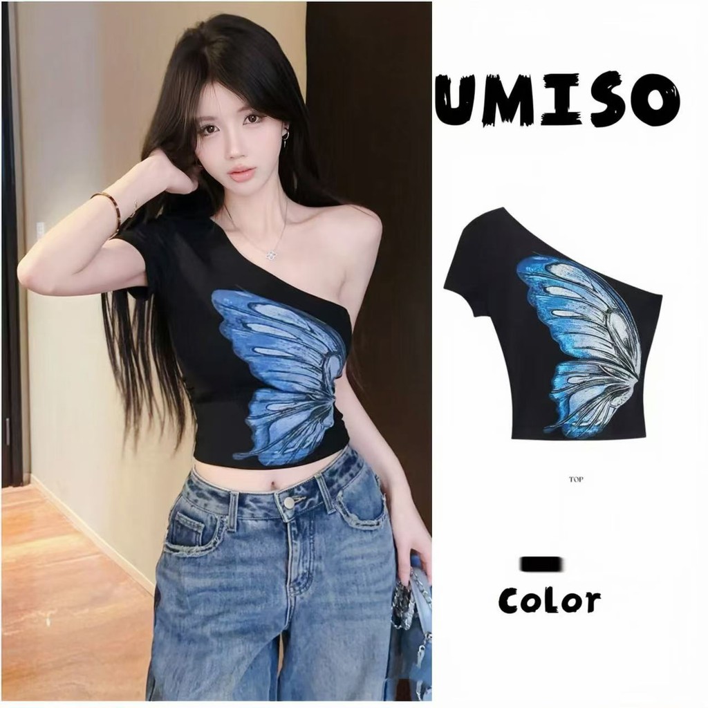 UMISO พร้อมส่ง เสื้อยืดปาดไหล่ผู้หญิง ปาดไหล่ข้างเดียว เสื้อลายผีเสื้อ  ผ้ายืดรูปทรงสวย