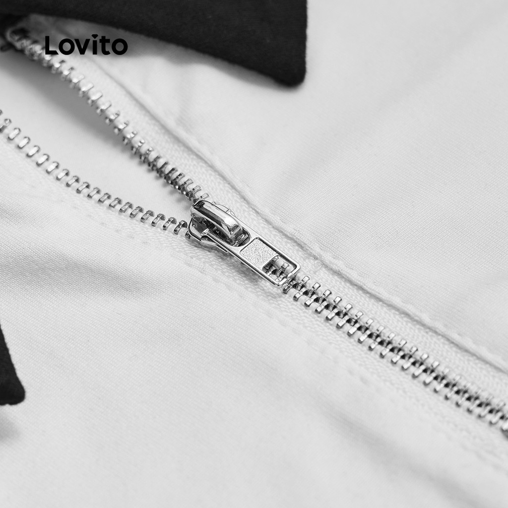 Lovito เสื้อยืดลําลองสีตัดกันซิปฤดูใบไม้ผลิ/ฤดูร้อนเสื้อยืดสีดําและสีขาวสําหรับผู้หญิง L134ED828 - รูปที่ 2