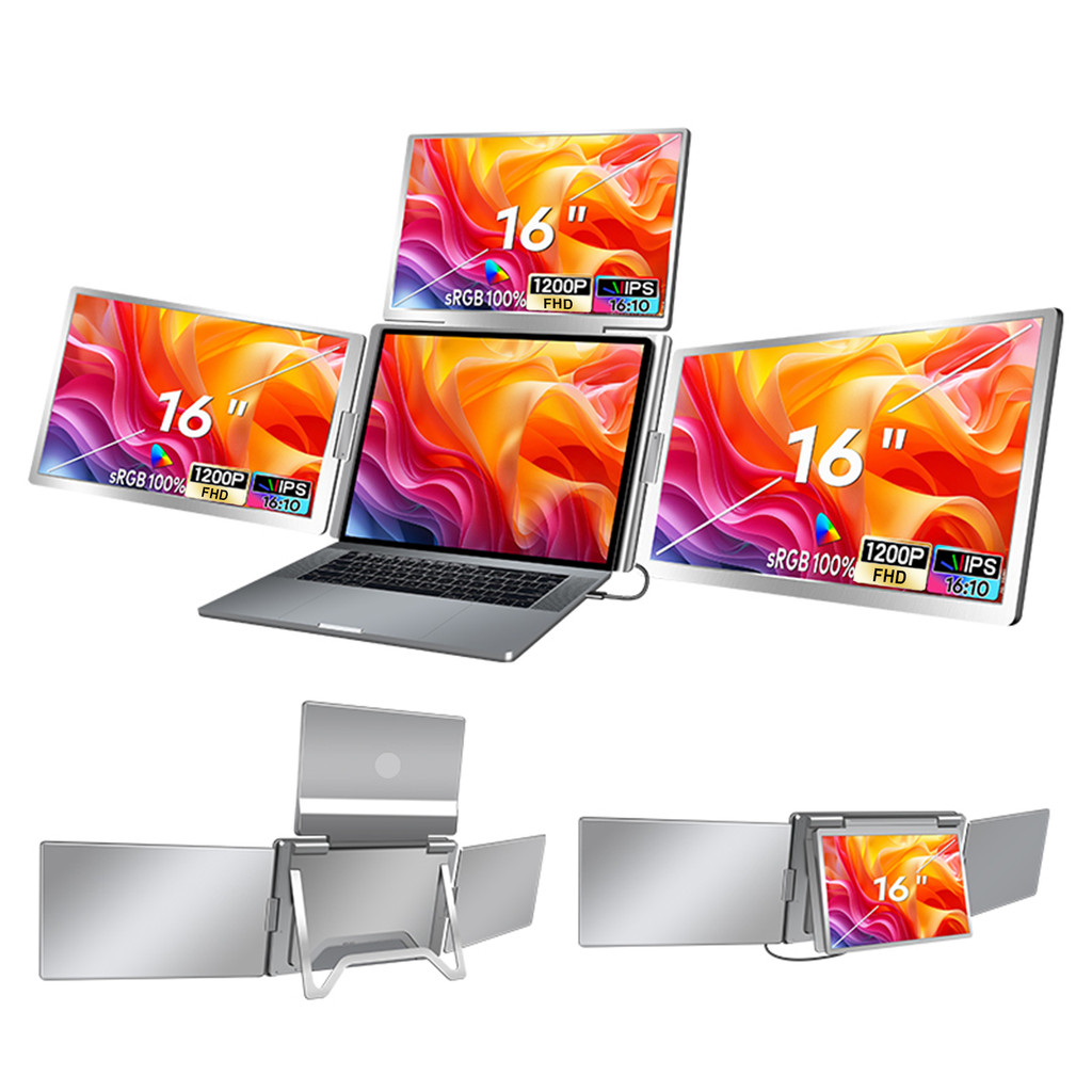 16 "หน้าจอแล็ปท็อป Extender 1200P FHD 16:10 แบบพกพา Quad Monitor 1 สําหรับ 3 หน้าจอพับ Extender สําหรับ 12-18.5 "แล็ปท็อป
