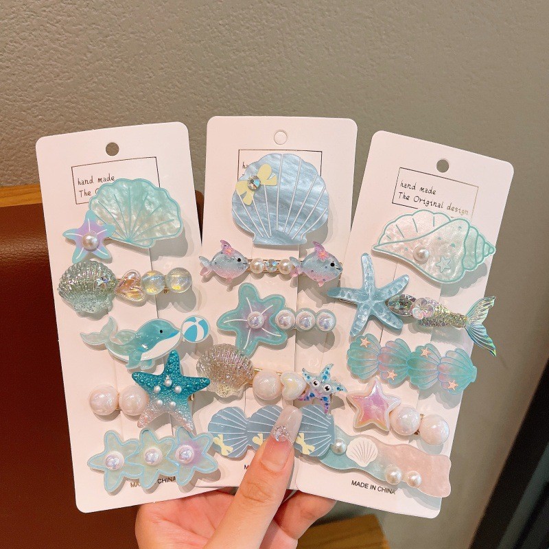 ชุดกิ๊บติดผมธีมมหาสมุทร 5 ชิ้น สีน้ำเงิน กันน้ำ เปลือกหอย ปลาดาว เจ้าหญิงเงือก เพื่อเด็กผู้หญิง