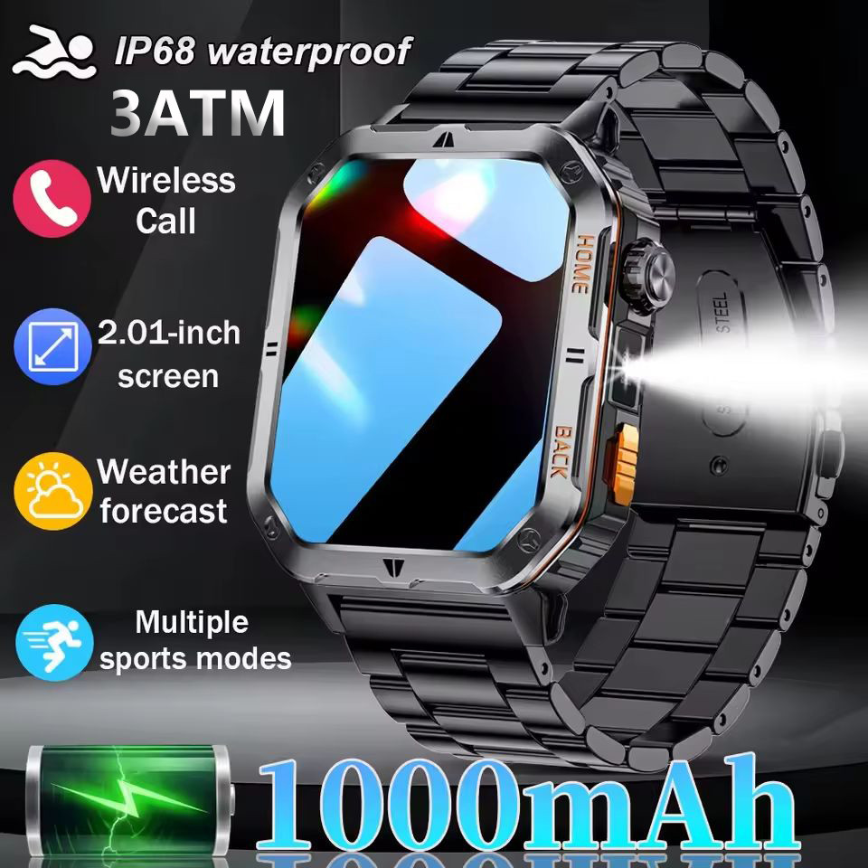 2025 ใหม่กลางแจ้งสมาร์ทนาฬิกาผู้ชายผู้หญิง1000มิลลิแอมป์ชั่วโมงแบตเตอรี่สแตนด์บายนานพิเศษ3ATMกันน้ําบลูทูธโทร2.01จอแสดงผล สบายใจกีฬาออกกําลังกายส