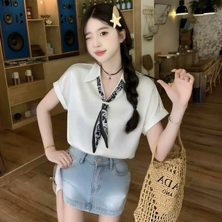 Dahong🧡 99159 เสื้อเชิ้ตผู้หญิงแขนสั้นไซส์ใหญ่ ผ้าซาตินเนียนนุ่ม แฟชั่น อินเทรนด์ เสื้อสตรีระดับไฮเอนด์ อเนกประสงค์