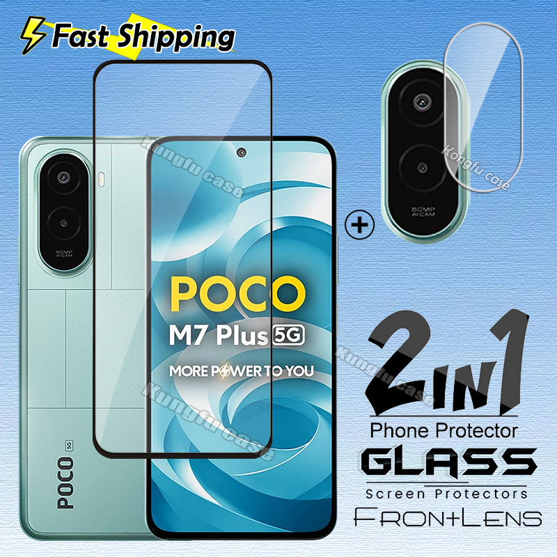2in1 สําหรับ Xiaomi Poco M7 Plus Pro PocoM7 M7Plus 5G 4G ป้องกันหน้าจอกระจกนิรภัยลายนิ้วมือปลดล็อคโปร่งใส HD Clear Coverage เลนส์กล้องป้องกันฟิล์ม