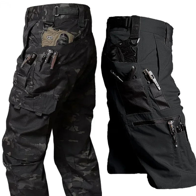 กางเกงขายาวกันน้ําสําหรับเดินป่าผู้ชาย กางเกงคาร์โก้หลายกระเป๋าสําหรับกิจกรรมกลางแจ้ง ผ้า Ripstop สําหรับฝึกซ้อม