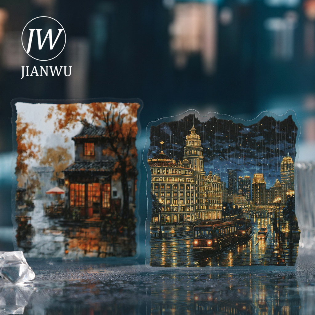 JIANWU Hazy Rainy Series Vintage City Street Tree ภูมิทัศน์วัสดุ Collage PET สติกเกอร์ Creative DIY Journal เครื่องเขียน