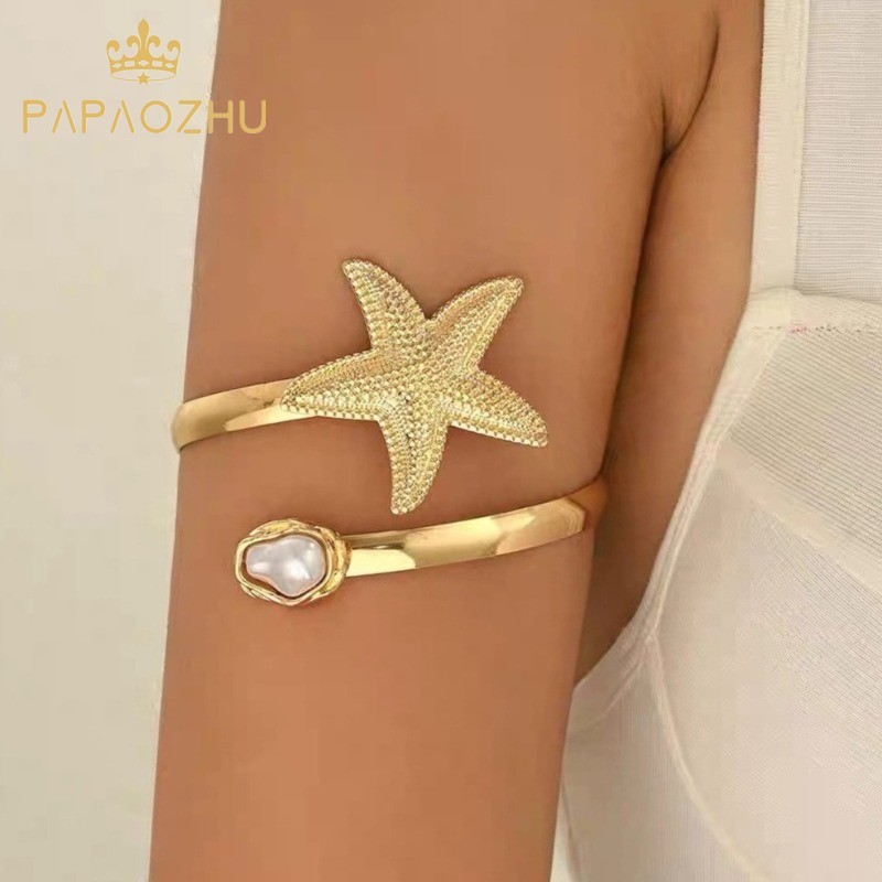 PAPAOZHU ปรับ 14K Gold ปลาดาว Pearl Arm Cuff กําไลข้อมือ Upper Arm สร้อยข้อมือสําหรับผู้หญิง Boho Ar