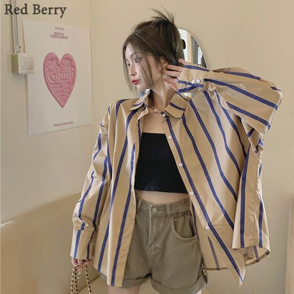 Red Berryเเสื้อแจ็คเก็ตกันแดดลายทางหลวมสไตล์ฮ่องกง เสื้อเชิ้ตผู้หญิงฤดูร้อน เสื้อเชิ้ตปรับอากาศ เสื้อเชิ้ตฝรั่งเศสw385