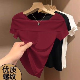 2025 summer new niche versatile temperament high-end one shoulder western-style fashion short sleeved T-shirt for women