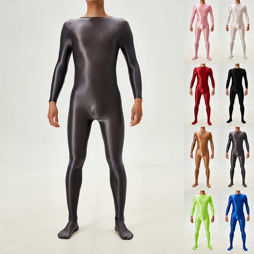 <VOGUEZ>ชุดบอดี้สูทผู้ชายแขนยาวน้ํามันเงาถุงน่องยืดหยุ่นสูง Leotard Jumpsuit