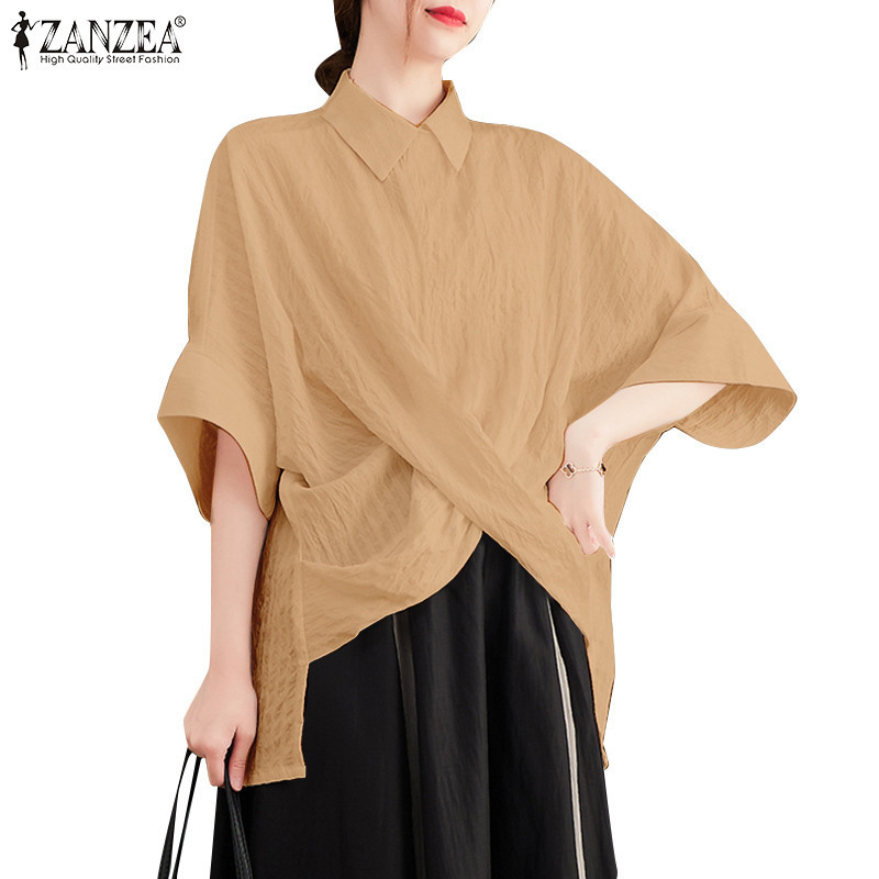 Zanzea ผู้หญิงเกาหลีลําลองไม่สม่ําเสมอ Hem แขนสามในสี่เสื้อหลวม