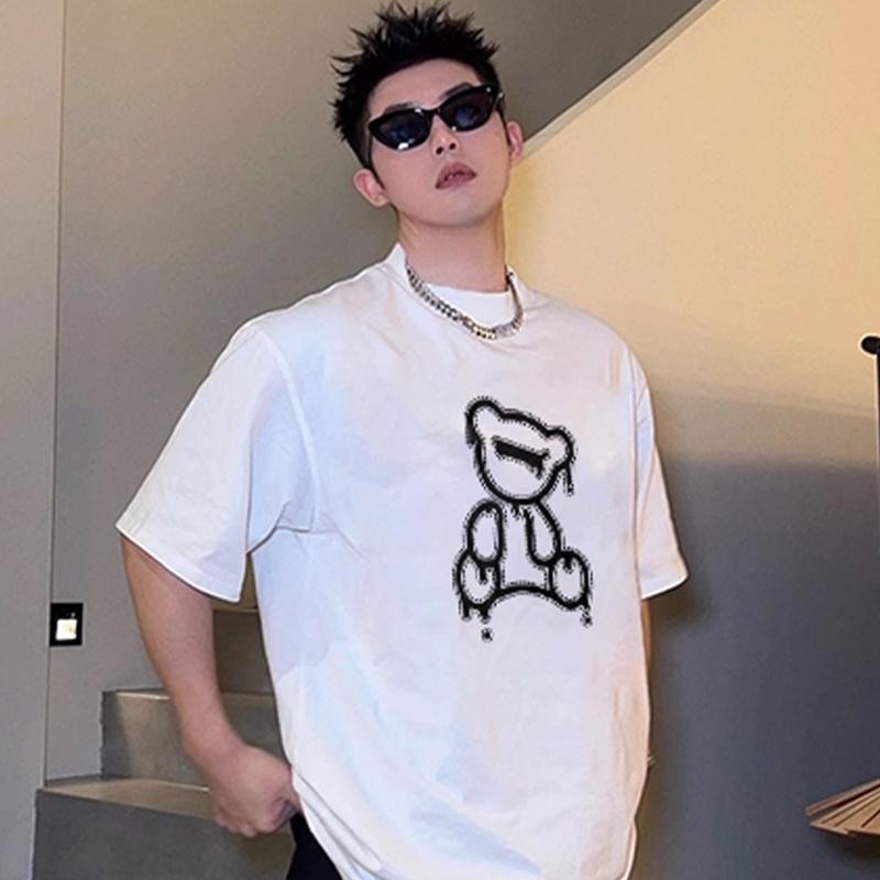 TeeTwoOne สไตล์เกาหลี เสื้อยืด oversize "Melted bears"พิมพ์ลาย ผ้าคอตตอน100% ไม่ต้องรีด ผู้ชายและผู้หญิง
