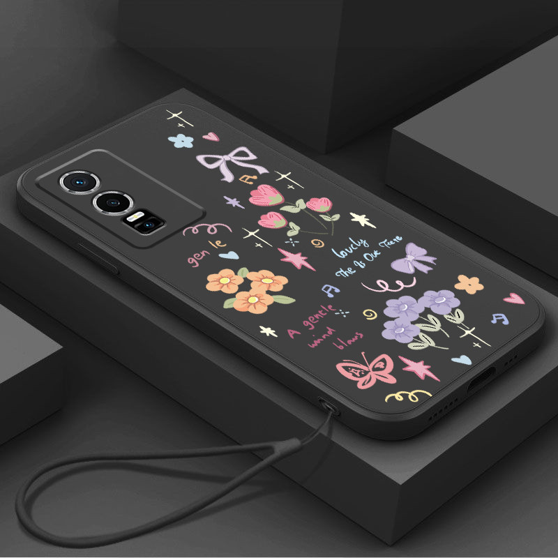 ปลอก VIVO Y76S Y76 5G เคสโทรศัพท์อินเทรนด์ ดอกไม้และผีเสื้อพร้อมเชือกเส้นเล็กความงาม ซิลิโคน TPU Soft Shell girl ดีไซน์ใหม่กันกระแทก CASE
