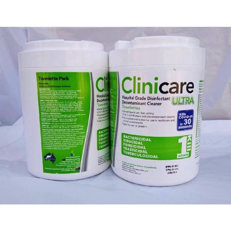 สินค้าขายดีอันดับ1 Clinicare Ultra Disinfectantกระดาษเช็ดพื้นผิวแบบฆ่าเชื้อบรรจุ 180 แผ่น ต่อ กระปุก X2กระปุก ex.6/2026