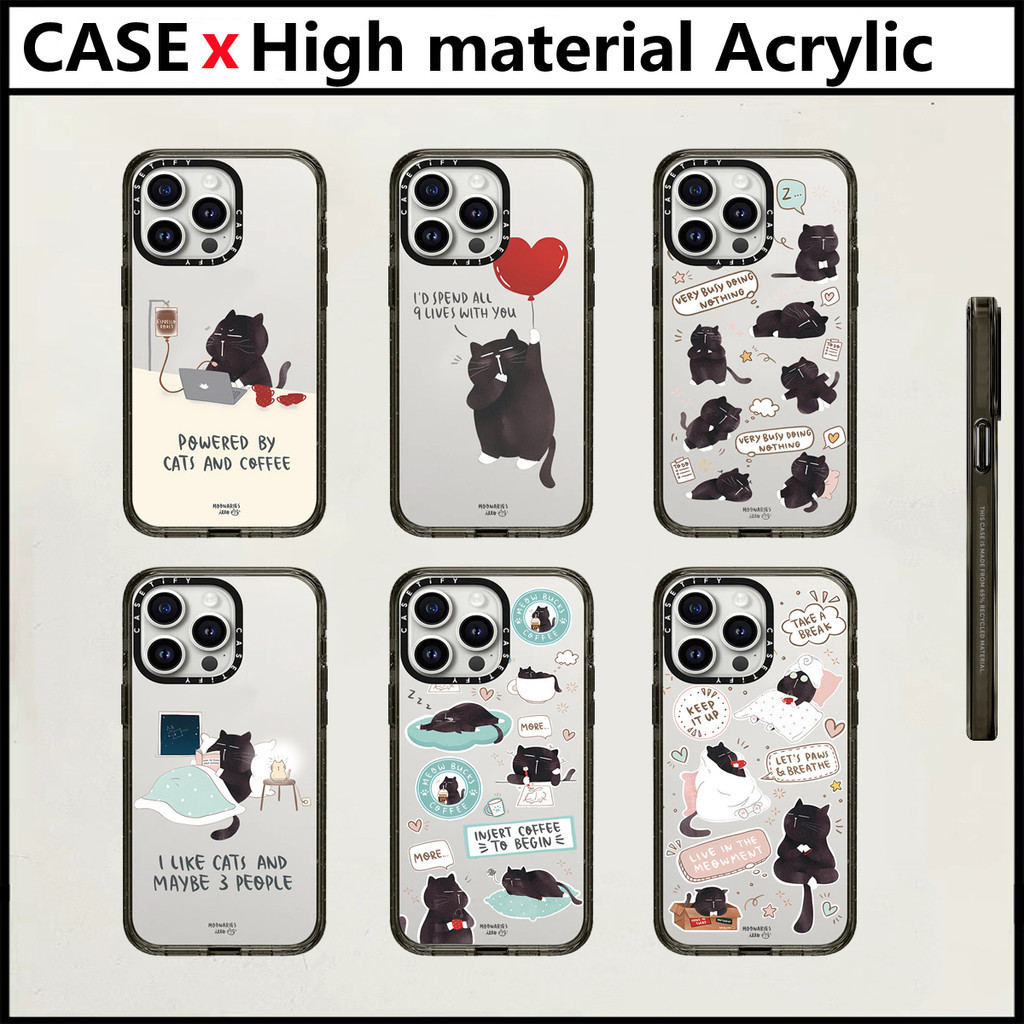 Casetify moonaries illo น่ารัก Sleeping Cat iPhone สําหรับ 11 12 13 14 15 Pro Max 15 Plus อะคริลิคพลาสติก TPU ตัวอักษรด้านข้างกันกระแทกฝาครอบโทรศัพท์กลับ INS สไตล์ปลอก