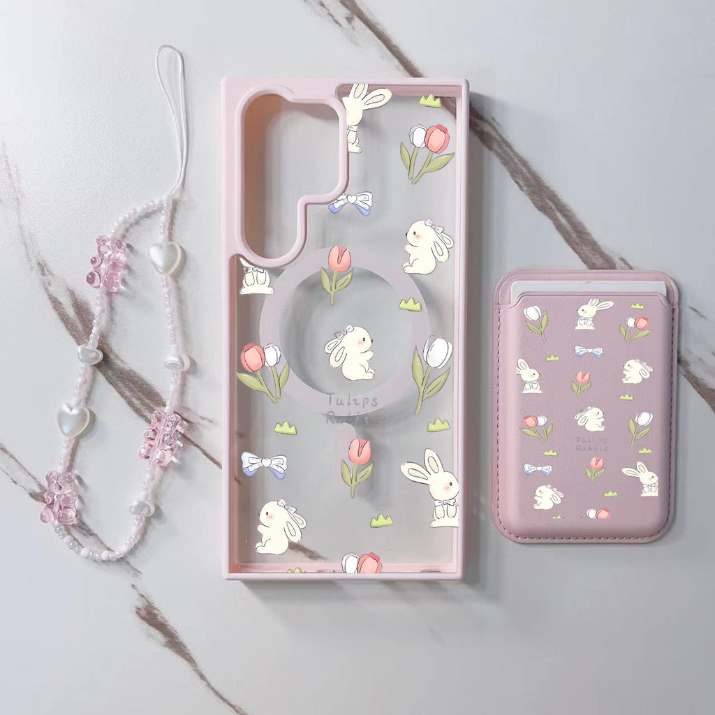 การ์ตูนกระต่ายและดอกไม้กระเป๋าสตางค์สําหรับ Samsung s22 s22plus ultra Case Girly S23 S23Plus s23fe s24 s24plus s24ultra กระเป๋าสตางค์ปกหลัง