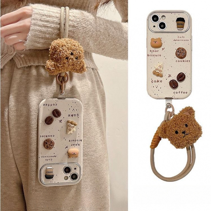 3d Pasting ตุ๊กตาหนัง Soft case สําหรับ iPhone 11 12 13 14 15 Pro Max มาพร้อมกับตุ๊กตาหมีเชือกเส้นเล็ก anti fall ฝาครอบสําหรับ iPhone11 กรณี